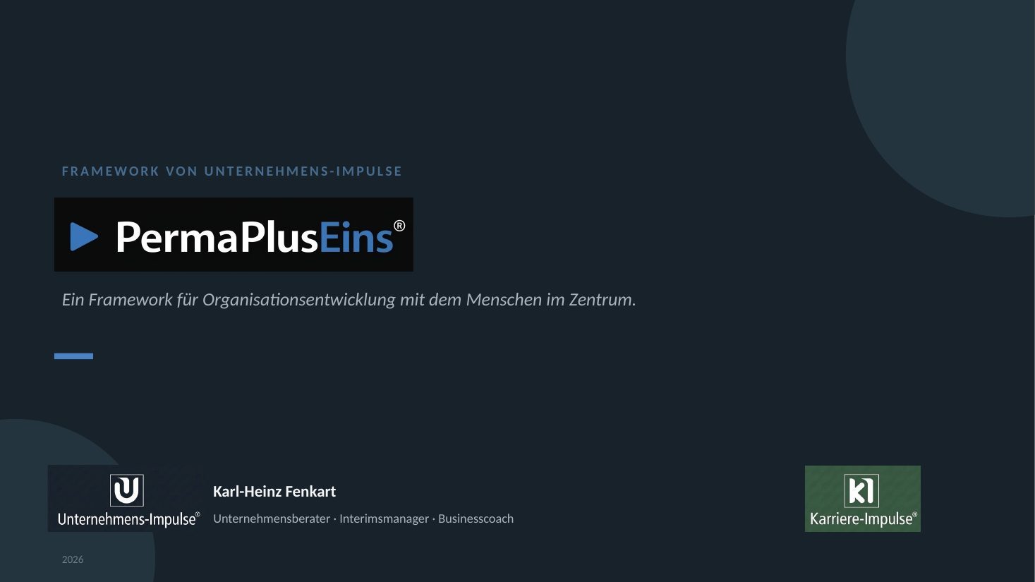 Titelfolie PERMA PLUS EINS, Framework für Organisationsentwicklung von Unternehmens-Impulse