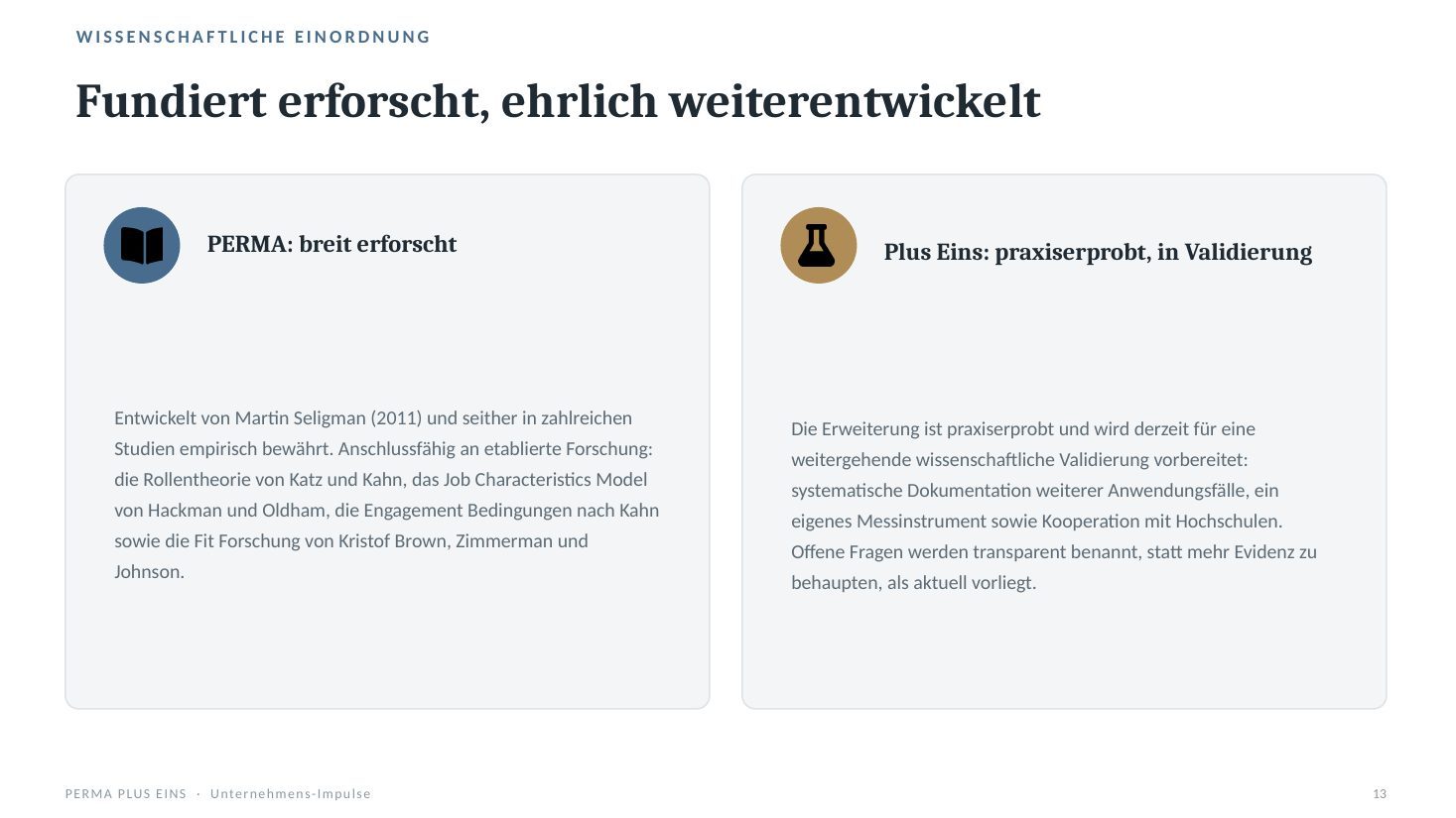 Wissenschaftliche Einordnung mit Seligman, Hackman und Oldham, Kahn und Kristof-Brown